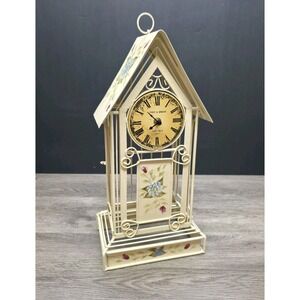 Vintage MANN Bird Cage Clock Tower Metal Floral Hand Painted 16.5" Mantel Clock